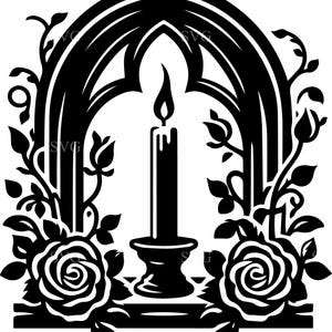 Cornice per candele a 6 rose – 6 candele gotiche SVG – File di taglio ad arco floreale per progetti Cricut, decorazioni spirituali, arte commemorativa, artigianato con carta