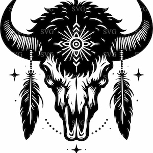May include: Black and white silhouette of a bull skull with a geometric design on the forehead and two feathers hanging from the horns.