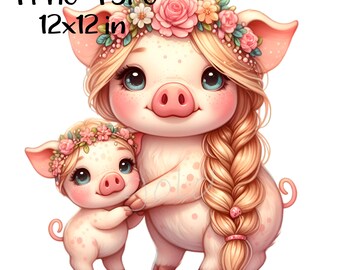 Pig Clipart, Cute Pig, Mother's Day Clipart, Pig Baby Animal Clip Art, PNG Sublimation, Shirt Design, Card Making, Nursery Wall Art