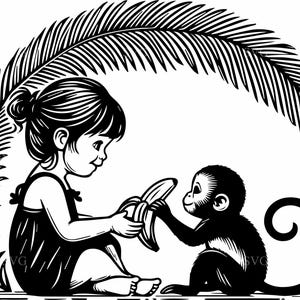 5 Girl feeding monkey SVG – 5 Cute child with banana cut file – Jungle animal friendship clipart for kids crafts and decor