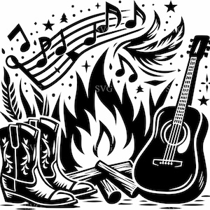 7 kampvuurmuziek SVG - 7 gitaar, laarzen en vuur gesneden bestand - countrynummer clipart voor Cricut Crafts, outdoor shirts en decor