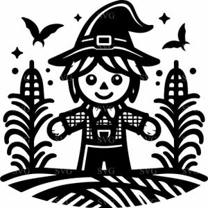 Puede incluir: Ilustración en blanco y negro de un espantapájaros con un sombrero de bruja y un mono. El espantapájaros está de pie en un campo de maíz.