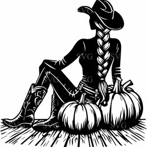 May include: Black and white silhouette of a person in a cowboy hat and boots, sitting next to two pumpkins. The person has a long braid and is wearing a long-sleeved shirt and pants. The image is a vector graphic.