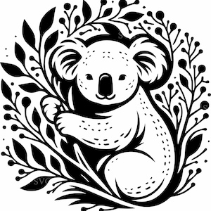 Archivo SVG de corte de 5 koalas, 5 lindas siluetas de animales australianos, vector de bosque de eucaliptos, diseño de vida silvestre de Cricut
