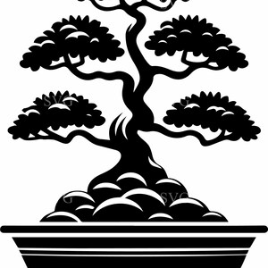 Puede incluir: Un gráfico de silueta negra de un árbol bonsái plantado en una maceta ancha y poco profunda. El árbol presenta un tronco curvado y cuatro grupos de follaje redondeados distintos. La base está rodeada por varias piedras redondeadas.