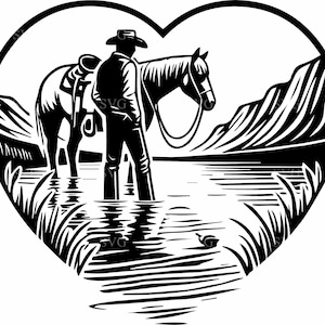7 Cowboy e Coração de Cavalo SVG - 7 Arquivos de Corte de Cenas Rústicas de Pôr do Sol no Oeste - Arte Romântica de Cowboy para Cricut
