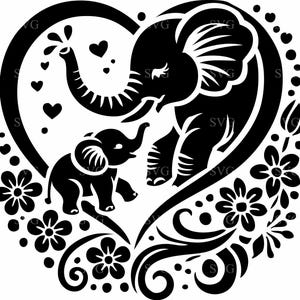 Olifant hart SVG-6 moeder en baby gesneden bestand met bloemendetails voor de Cricut en Silhouette Crafts