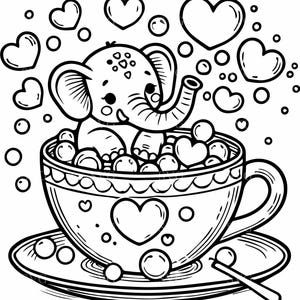 Peut inclure: Un dessin au trait noir et blanc d'un éléphant prenant un bain dans une tasse à thé. L'éléphant est entouré de bulles et de cœurs. La tasse à thé est posée sur une soucoupe.