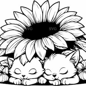 4 gattini addormentati SVG sotto girasole simpatico gatto file di taglio / adorabile animale floreale arte vettoriale