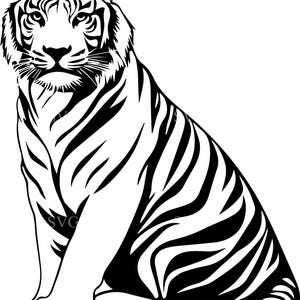 May include: A black and white illustration of a tiger sitting with its legs crossed. The tiger has a striped pattern and a serious expression.