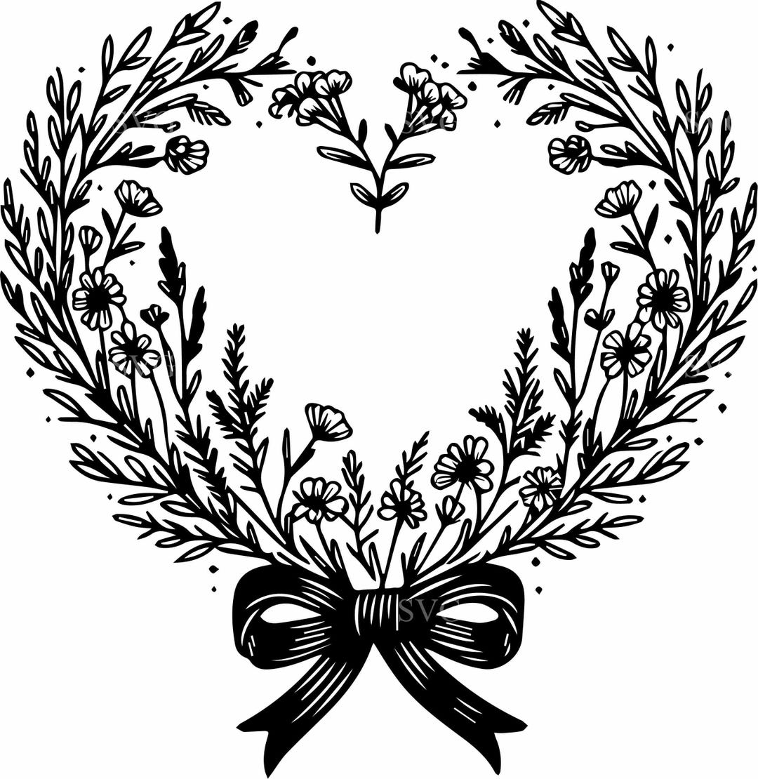 6 Floral Heart Wreath SVG – Romantic Flower Frame Clipart With Bow for ...