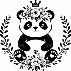 6 arquivos de corte SVG de pandas fofos, clipart de panda com coroa floral, patas de coração e coroa, vetor para Cricut e projetos de artesanato