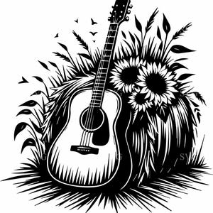 4 gitaar zonnebloem SVG-4 rustieke hooibaal land gesneden bestand voor Cricut, boerderij decor, herfst ambachten & akoestische muziek ontwerpen