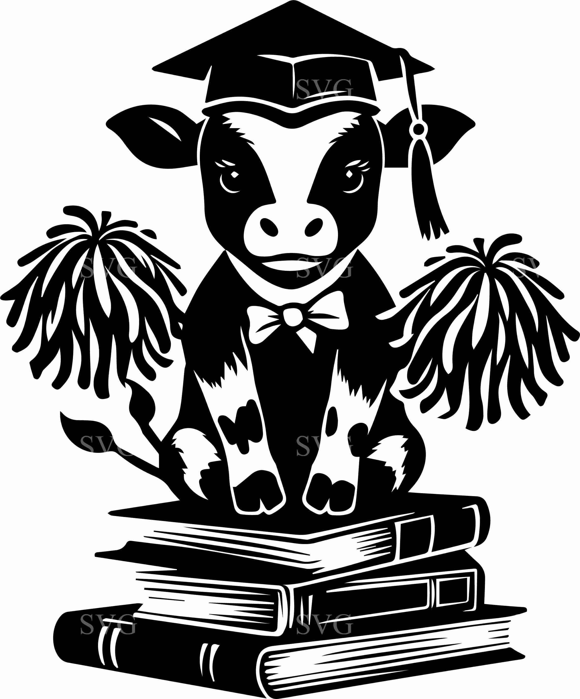 6 Graduation Cow SVG Cheer Pom Cap Books Design Cut File Student School ...