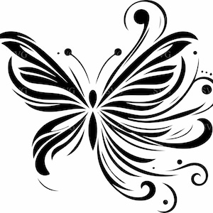 May include: A black and white stylized illustration of a butterfly with intricate wing patterns. The butterfly is depicted in a graceful, flowing pose with its wings spread wide.