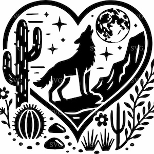Loup hurlant dans le désert SVG 7 fichier coupe - scène de cactus au clair de lune - faune Cricut Craft Design