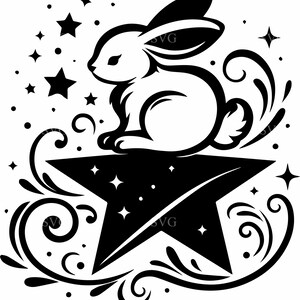 5 magische konijntjes SVG, 5 konijnen zittend op ster clipart, grillige nacht ontwerp, hemelse dierlijke kunst, ambachtelijk gesneden bestand