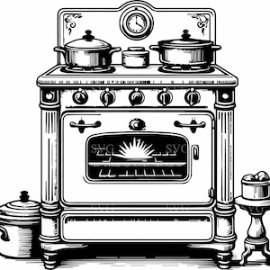 May include: A black and white illustration of a vintage stove with an oven and four burners. The stove has a decorative design with a sunburst in the oven door. Two pots are on the stovetop and a small table with a bowl of fruit is to the right of the stove.