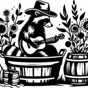 4 Guitare raton laveur SVG - 4 fichiers de musique country animal - Clipart rustique pour travaux manuels de la ferme, chemises Cricut et sublimation