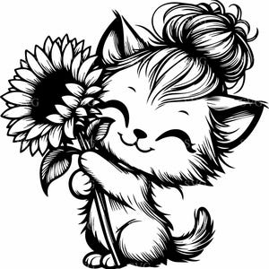 Lindo gato SVG con 4 cortes en archivo que sostiene un girasol: adorable gatito con moño y diseño floral