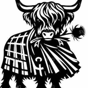 May include: Black and white illustration of a Highland cow. The cow has long horns, shaggy fur, and a plaid patterned shawl. It holds a thistle flower in its mouth. The image is a vector graphic.