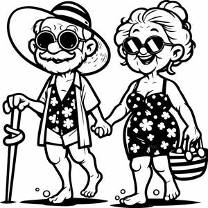 Puede incluir: Ilustración en blanco y negro de una pareja de ancianos en trajes de baño. El hombre lleva sombrero, gafas de sol y un bañador con estampado floral. La mujer lleva gafas de sol y un bañador de lunares, con un bolso a rayas.
