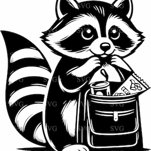 5 fichier coupe SVG de sac à dos raton laveur, raton laveur mignon mangeant une collation des cliparts, retour à l'école animal Cricut Design
