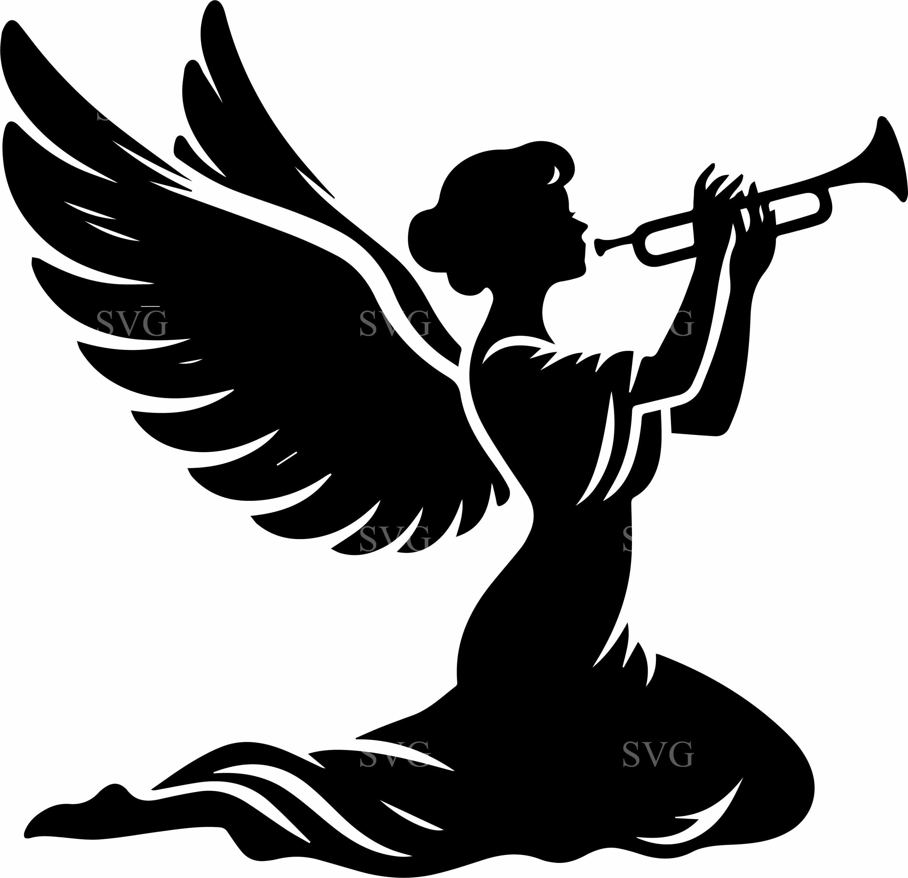7 Trumpet Angel SVG – Winged Angel Silhouette With Swirl Gown Cut File ...