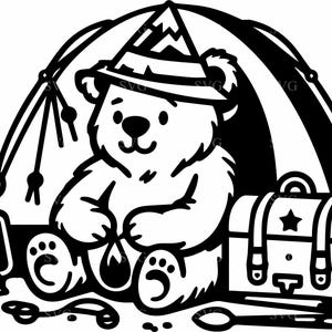 8 Arquivo de corte SVG de urso de acampamento fofo, cena de acampamento na floresta com barraca, fogo, mochila e borboleta para Cricut, clipart de aventura