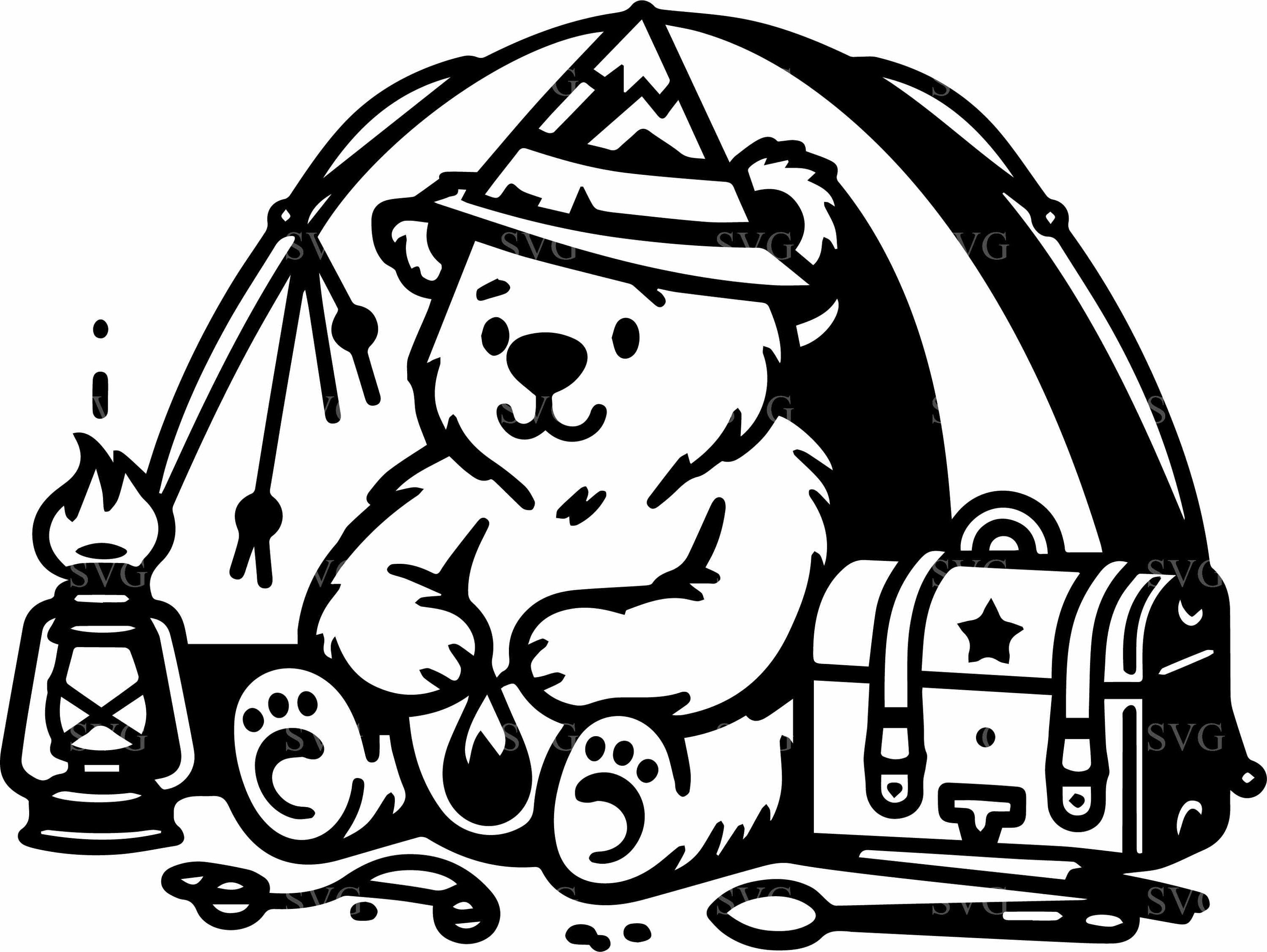 8 Cute Camping Bear SVG Cut File, Forest Camp Scene with Tent, Fire, Backpack and Butterfly for Cricut, Adventure Clipart