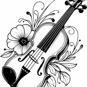 Violino Floral SVG, 3 Design Elegante de Violino e Flor, Clipart de Instrumento Musical, SVG para Cricut e Silhouette