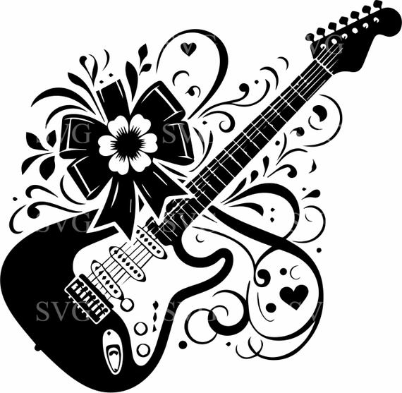 4つの花柄ギターSVG、エレキギターのシルエット、音楽クリップアート