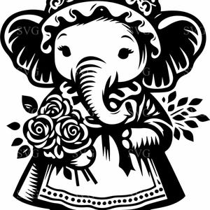 May include: Black and white illustration of an elephant wearing a decorative hat and holding a bouquet of roses. The elephant is wearing a dress with a detailed apron. The image has a clean, graphic style.