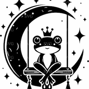 May include: A black and white illustration of a frog wearing a crown, sitting on a crescent moon swing. The frog is surrounded by stars.