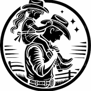 Könnte beinhalten: Eine Schwarzweiß-Silhouettenillustration eines Vaters und seiner Tochter, die Cowboyhüte tragen. Der Vater trägt die Tochter auf seinen Schultern. Der Hintergrund ist eine stilisierte Landschaft mit einem Zaun und Sternen.