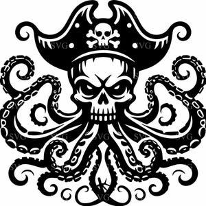 May include: Black and white illustration of a skull wearing a pirate hat and tentacles. The skull has a menacing expression and the hat has a skull and crossbones design.