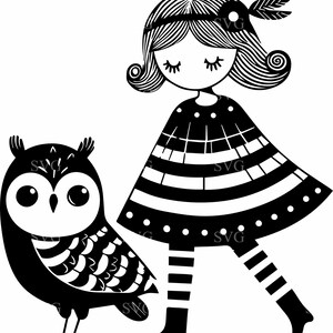 4 Girl and Owl SVG | 4 Whimsical Friends Cut File | Cute Cartoon Girl with Owl for Cricut & Silhouette