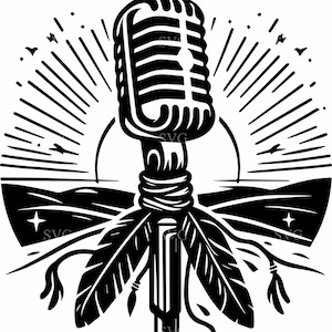 7 Western Mic SVG - 7 Micrófonos al atardecer con cuerda y plumas - Archivo de corte de música country para camisetas y manualidades