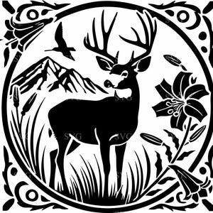 Majestic Deer com Floral Wreath SVG - 5 Rustic Nature Scene Cut File - Arte de vida selvagem e montanha para artesanato