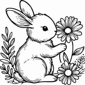 Dolce coniglietto con fiore SVG / 5 adorabili conigli che tengono margherita file di taglio / Clipart primaverile per Cricut, Silhouette Crafts
