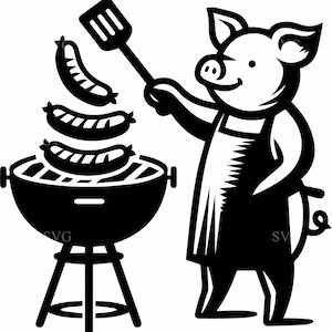 4 BBQ pig SVG – 4 Funny pig grilling sausages cut file – Summer cookout silhouette for Cricut crafts, barbecue decor, humor design