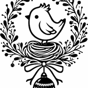 Fichier de coupe SVG 4 Noël oiseau - oiseau festif dans son nid avec ornements et couronne de fleurs - parfait pour la décoration des fêtes