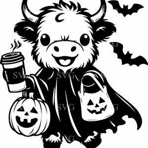 5 mucche di Halloween in formato SVG, 5 graziose mucche delle Highlands in costume, file di taglio "Dolcetto o scherzetto", clipart di mucche spettrali, design vettoriale di decorazioni autunnali