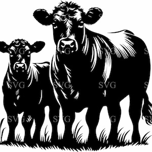 Vache Angus et veau SVG, fichier coupe 5 animaux de la ferme, clipart bétail rustique, décoration de ferme, conception de silhouette vecteur