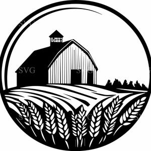 Op de afbeelding: Zwart-wit illustratie van een schuur met een koepel, geplaatst in een cirkelvormig frame. De schuur staat op een heuvel, met tarwevelden op de voorgrond. Het woord "SVG" is zichtbaar.
