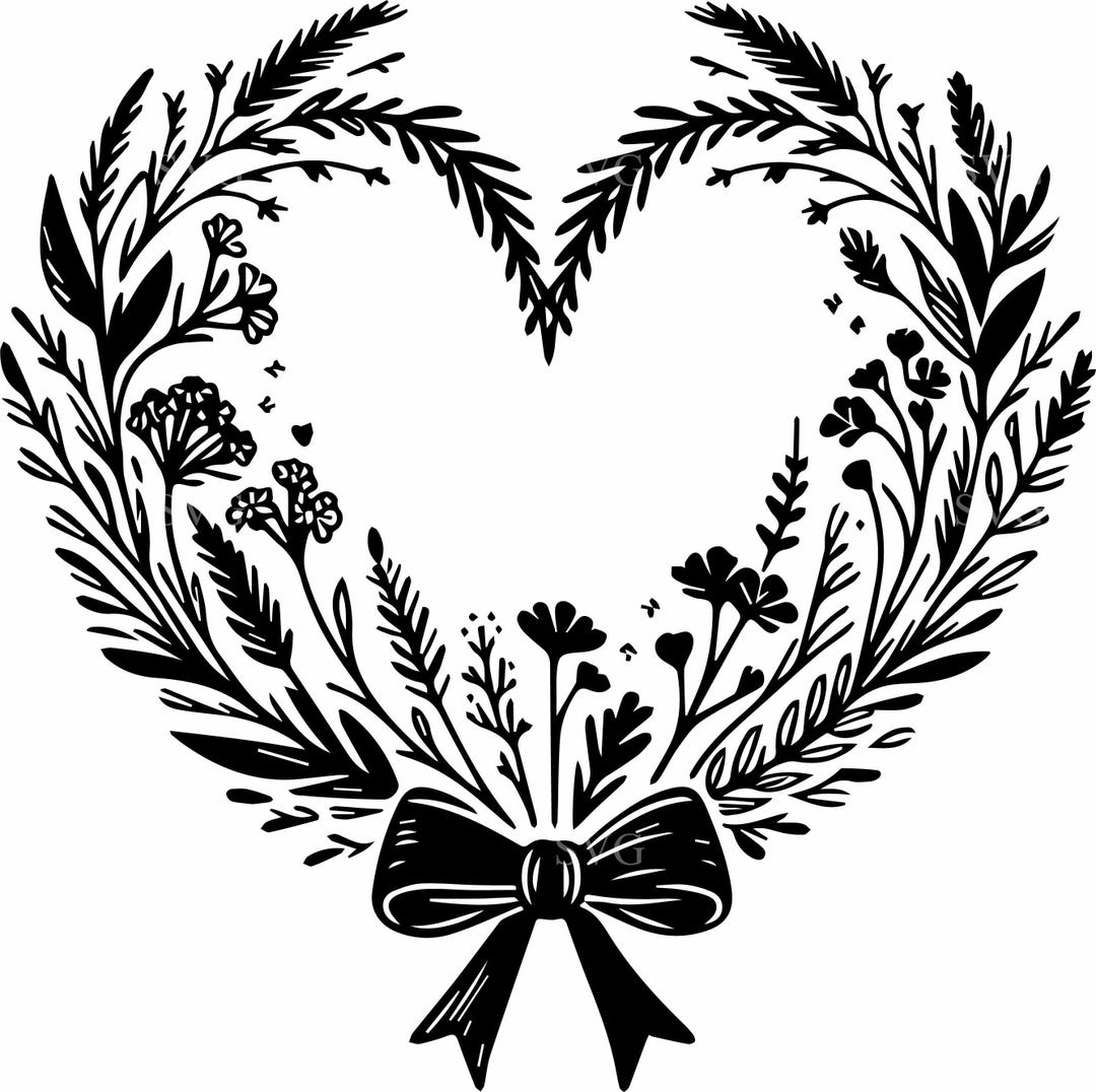 6 Romantic Heart Wreath SVG – Floral Frame With Bows for Cricut Crafts ...