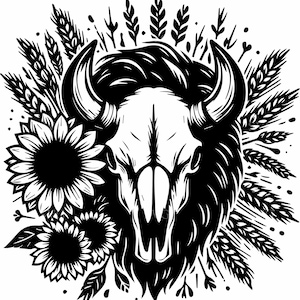 May include: Black and white illustration of a bison skull, surrounded by sunflowers, wheat stalks, and other foliage. The skull has large horns and is the central focus of the design. The artwork has a rustic, nature-inspired theme.
