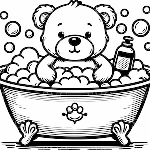 以下が含まれることがあります： バスタブで泡風呂に入っているテディベアの白黒イラスト。クマの隣には石鹸のボトルがあります。バスタブの周りには泡が浮かんでいます。バスタブの側面には足跡のデザインがあります。