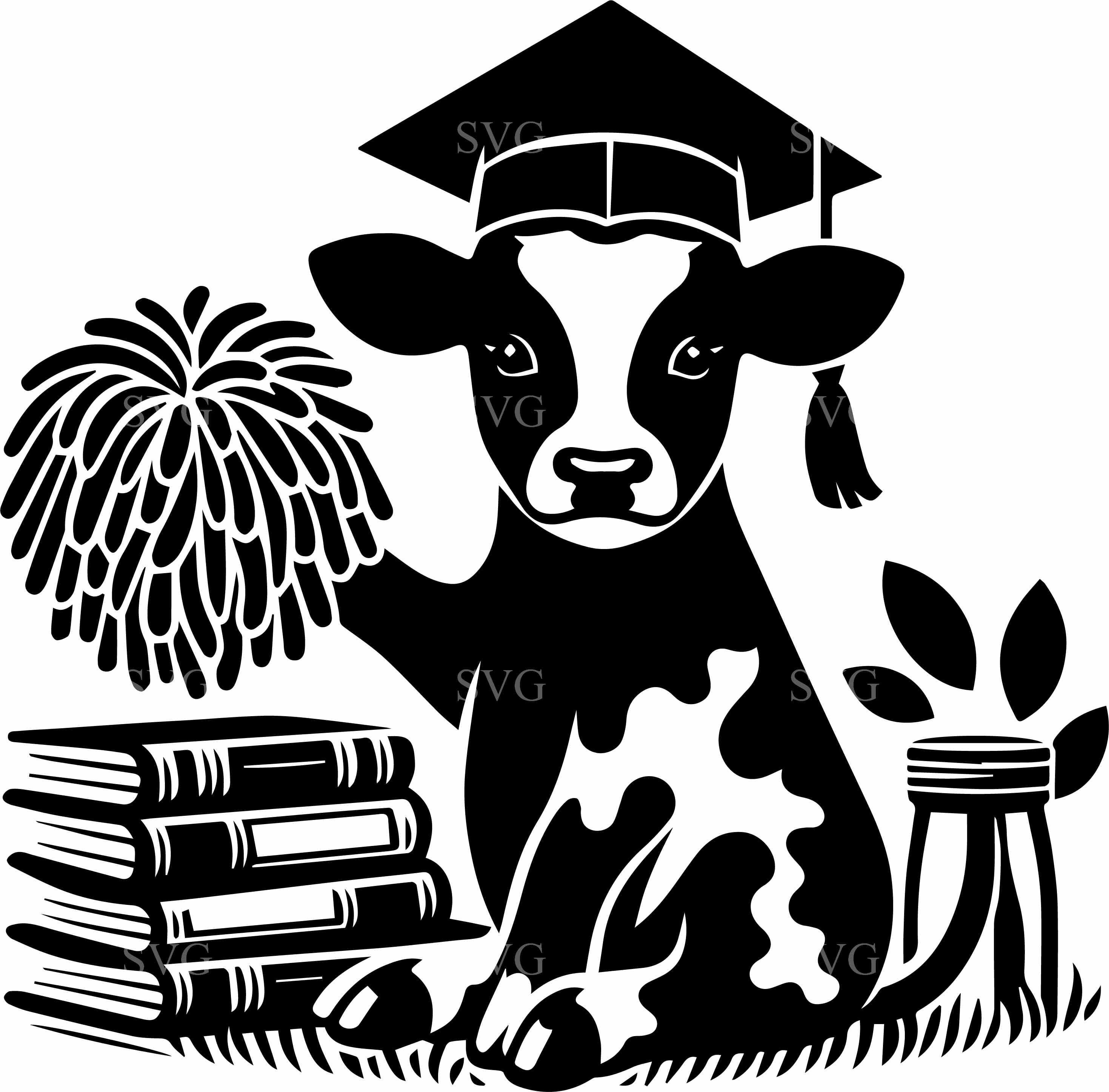 6 Graduation Cow SVG Cheer Pom Cap Books Design Cut File Student School ...