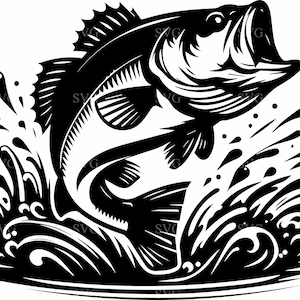 May include: A monochrome illustration of a largemouth bass jumping from water. The fish is shown with its mouth open, surrounded by stylized water splashes and ripples, creating a dynamic and energetic scene.